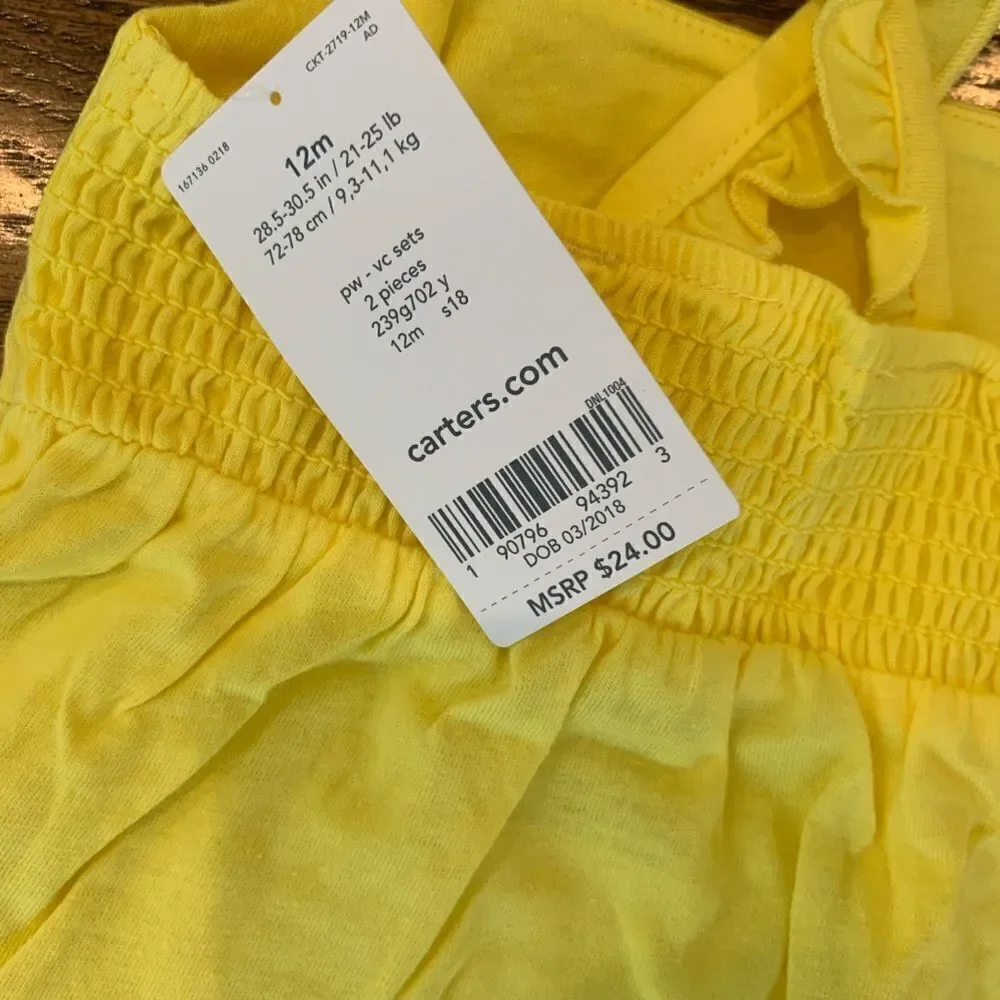 New CARTERS Pink Yellow Pineapple Shorts Ruffle Tank Top Outfit Set 12m 12 month